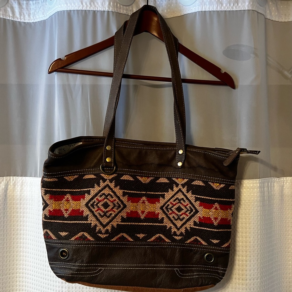Myra Bag Brick Brown Leather Red Tan Embroidered Cotton Canvas Tote